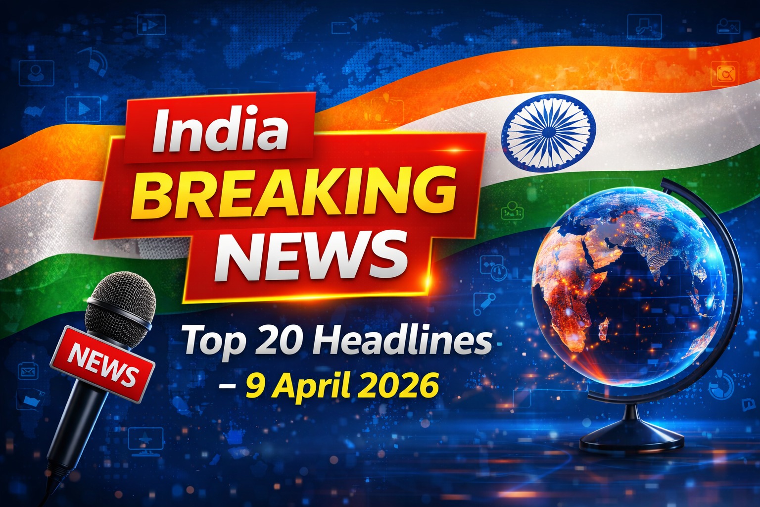 Top 20 news headlines in India on 9 April 2026 covering power demand, AI growth, freelance jobs and technology updates